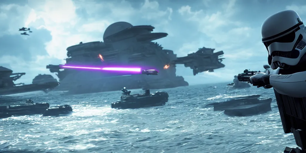 Image similar to screenshot of shore trooper, on scarif, ea star wars battlefront 2015, shooting lazers, highly detailed