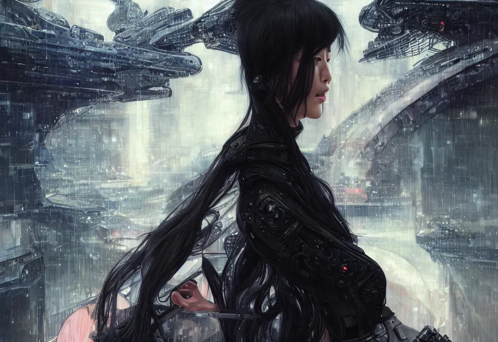 Image similar to portrait dilireba + black hair of futuristic female police, black armored uniform, at rooftop futuristic colorpunk tokyo rainy night, ssci - fi and fantasy, intricate and very very very beautiful, highly detailed, digital painting, artstation, concept art, smooth and sharp focus, illustration, art by tian zi and wlop and alphonse mucha