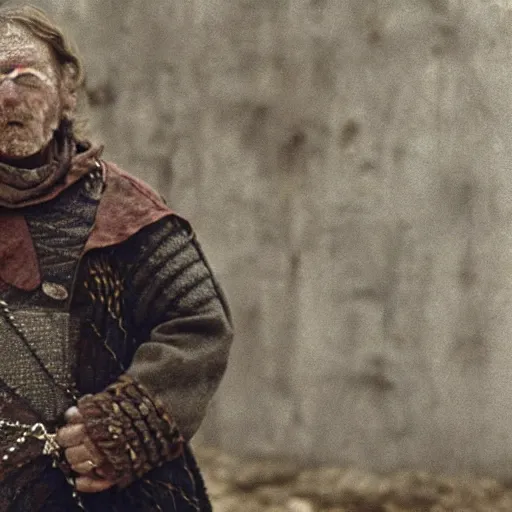 Prompt: A film still of a man wearing a dark grey quilted medieval gambeson with small metal plates woven in with tattered string and cable, also wearing a torn, worn scary made of many colors of layered linen. Full body Wide shot