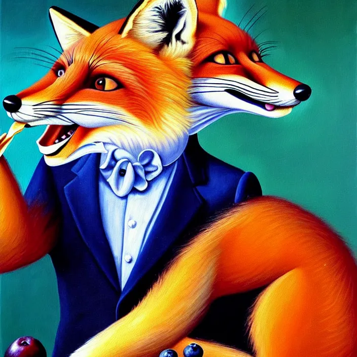 Prompt: a painting of a photorealistic anthropomorphic male red fox in a dapper suit eating a slice of blueberry pie, oil on canvas, soft lighting, vivid colors, surreal, vibrant, by salvador dali and disney