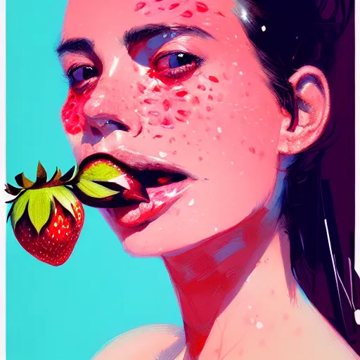 Image similar to a ultradetailed beautiful portait panting of a stylish woman with a strawberry in her mouth, by conrad roset, greg rutkowski and makoto shinkai, trending on artstation