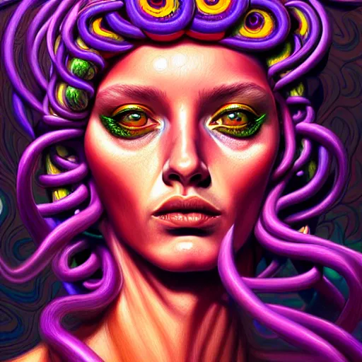 Image similar to an extremely psychedelic portrait of medusa, surreal, lsd, face, detailed, intricate, elegant, lithe, highly detailed, digital painting, artstation, concept art, smooth, sharp focus, illustration