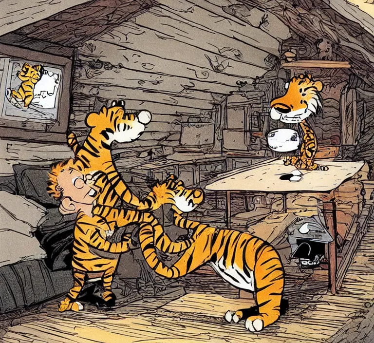 Image similar to “ a grownup version of calvin discovering his old stuffed tiger hobbes in an attic, illustrated by bill watterson ”