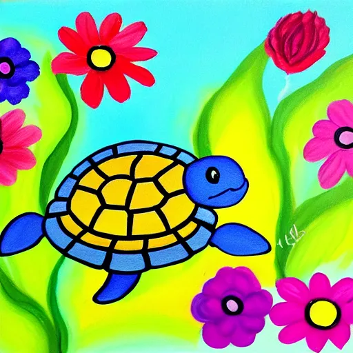 Image similar to painting of a happy turtle swimming in a sea of flowers