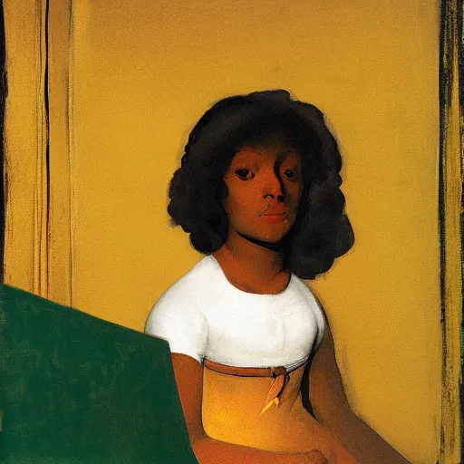 Image similar to a black girl in a gold haunted liminal room, digital painting by goya and balthus, colors by pontormo, lights by hopper, extreme detail, liminal aesthetic, background art nouveau,