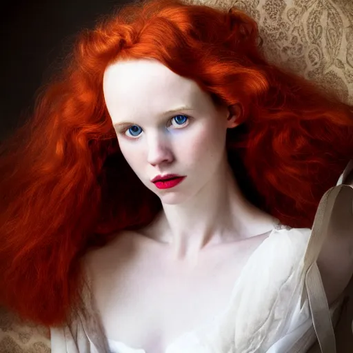 Prompt: hyper realistic photography beautiful girl, face tamzin merchant, red hair, louis xvi style