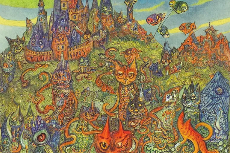 Prompt: a fantasy illustration, Castle of the lizard king by Louis Wain (1920)