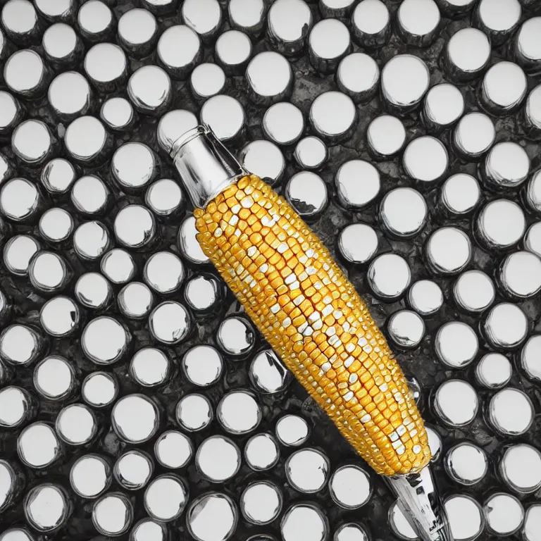 Prompt: a metal reflective chrome corn on the cob, film photo, soft lighting album cover, nostalgia, gradient, light reflection