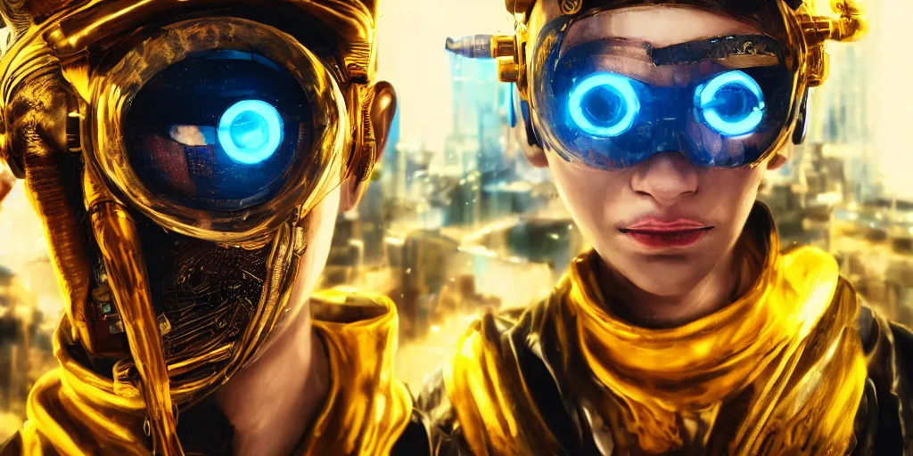 Image similar to realistic portrait of the cyberpunk punk with golden black crown and pretty eyes, ultra realistic, 8k