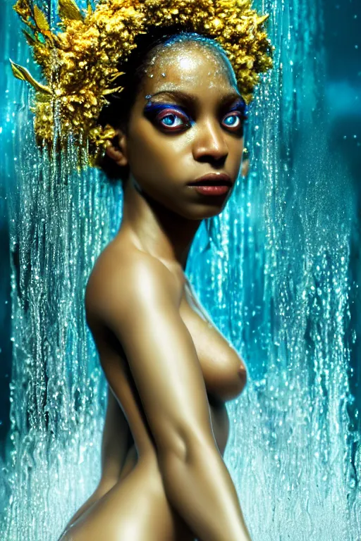 Image similar to hyperrealistic magic realism cinematic very beautiful! black oshun goddess with white! iris, in water, yoruba body paint, mirror dripping droplet!, gold flowers, highly detailed face, digital art masterpiece, smooth robert steven connett eric zener dramatic teal light, ground angle uhd 8 k, sharp focus