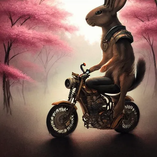 Image similar to bunny wearing a leather jacket riding a motorbike on a highway during sakura season on a blood moon, by peter mohrbacher, james jean, wlop, greg rutkowski, detailed - face!!!, rule of thirds, dynamic pose, action pose, beautiful landscape