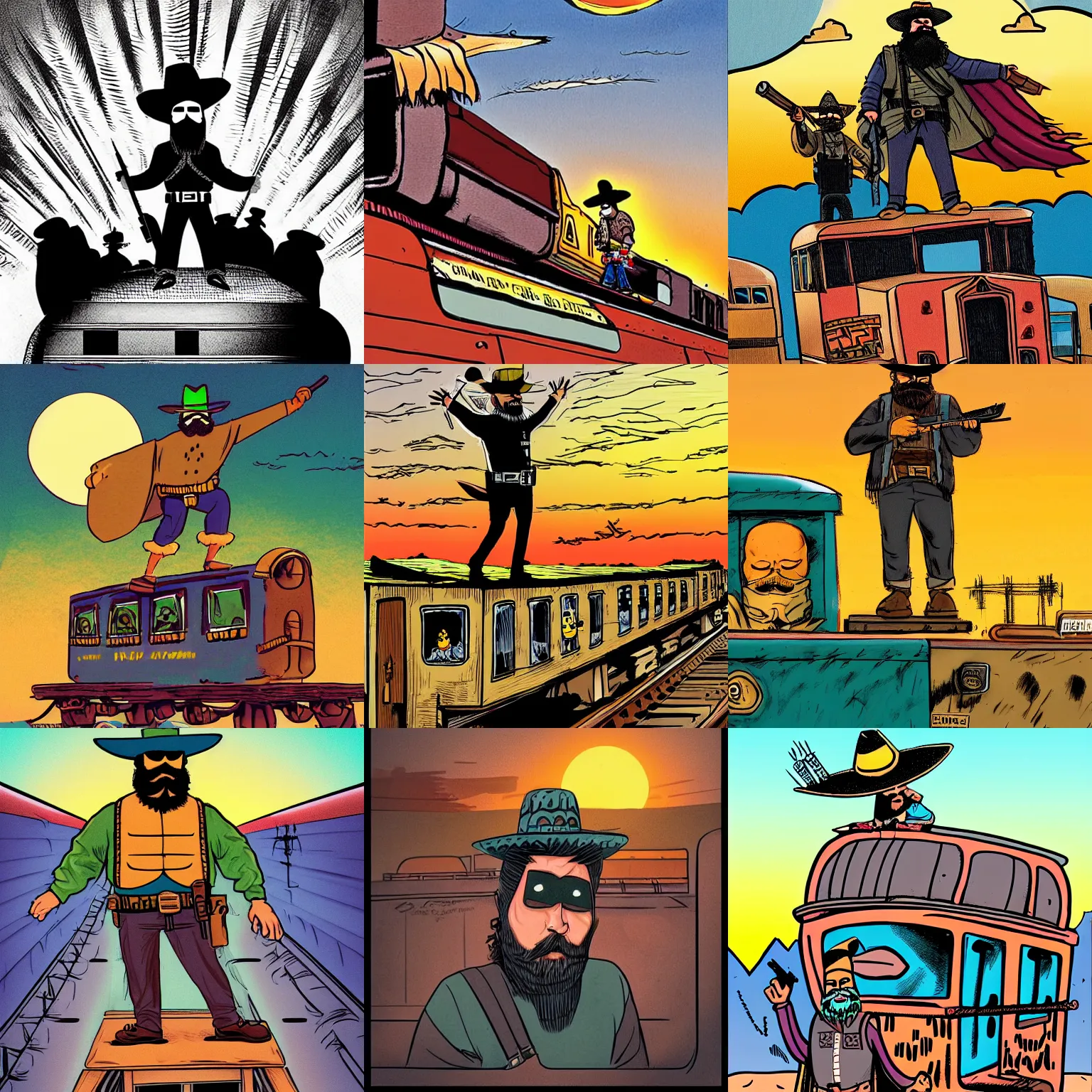 Prompt: bearded bandito with pancho and sombrero standing on top of a train at sunset, comic art