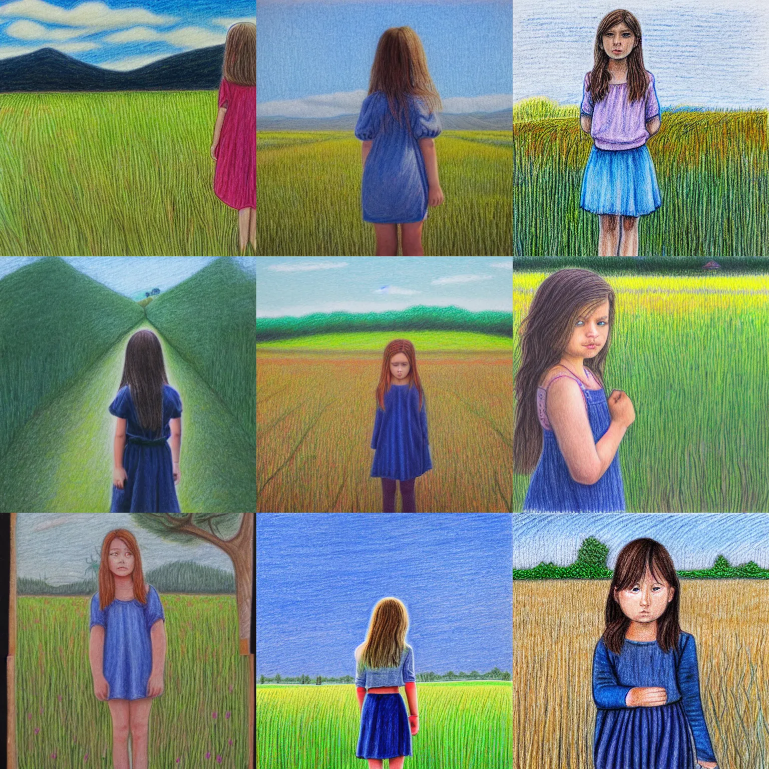 Prompt: colored pencil drawing of girl standing in field looking at camera, peaceful, calm, serene