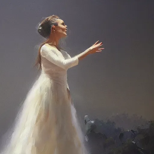 Image similar to Painting by Greg Rutkowski, an opera singer in a white dress with wings on stage