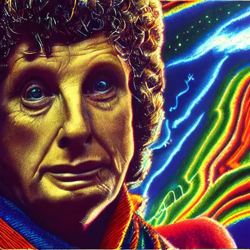 Image similar to tom baker using his scarf to fly, psychedelic, clouds, 4 k, intricate high details, sharp, 1 9 7 7, photo realistic, matt finish, realistic shadows, psychedelic