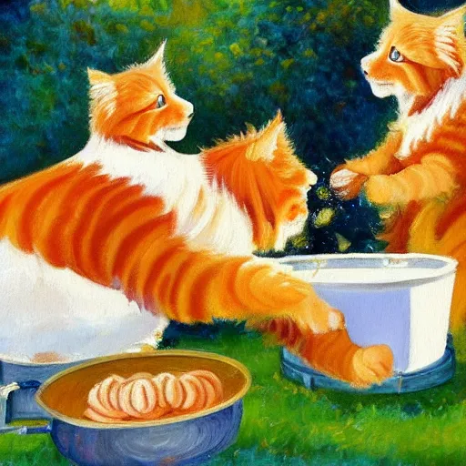 Image similar to beautiful impressionist painting of a orange maine coon with a white bears cooking some sausages on a pan