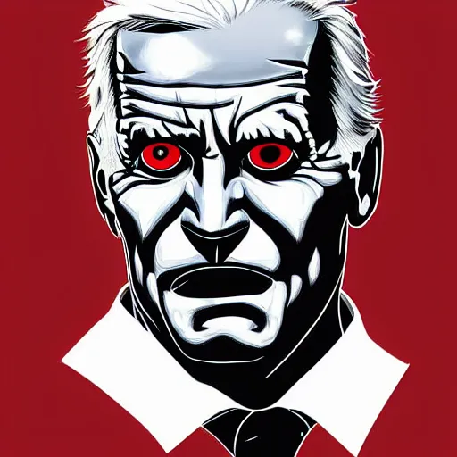 Prompt: angry nightmare joe biden with red demonic eyes stares at you, detailed digital art