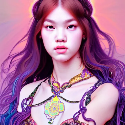 Image similar to portrait of jossi of blackpink, fractal goddess, highly detailed, digital painting, smooth, sharp focus, illustration, ultra realistic, 8 k, art by artgerm and alphonse mucha