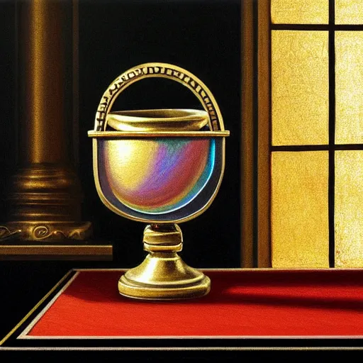 Prompt: still life painting of a room with a balcony and a pedestal displaying an ancient holy artifact, shaped like torus ring, chromed and ornate with gentle iridescent shine from within. the ring lays on top of a pedestal. perspective from the side. realistic light and shadows. moody fantasy art, still life renaissance pastel painting. close up