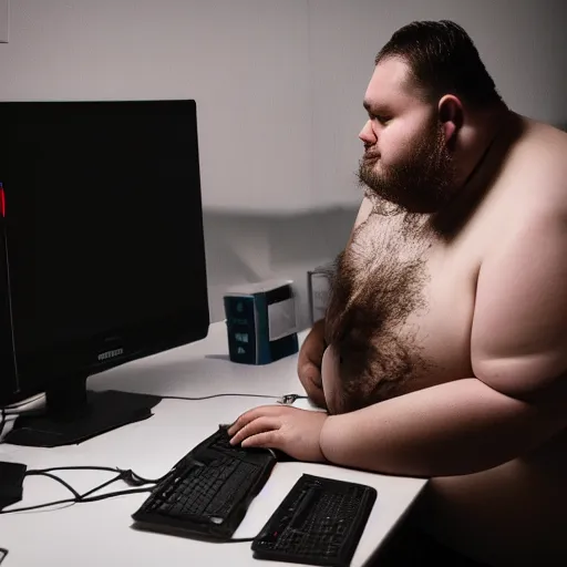 Prompt: a fat man working on his computer at nighttime in his room, dirty clothes, beard, short hair, white tank top, glowing, photography, realistic, detailed, cinematic, cinematography,