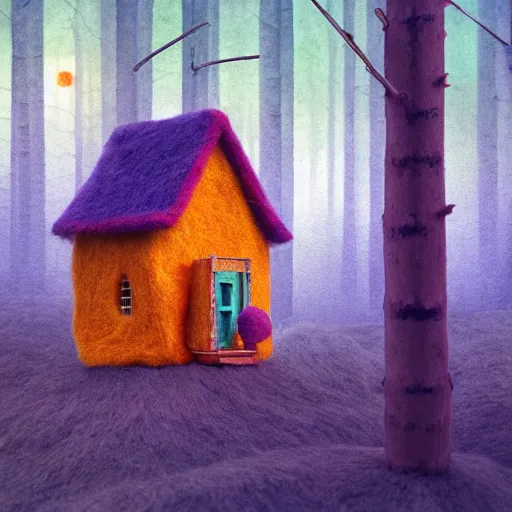 Image similar to small wooden house in the middle of spring forest, bright colours, watercolor, volumetric wool felting, macro photography, children illustration, by mike winkelmann