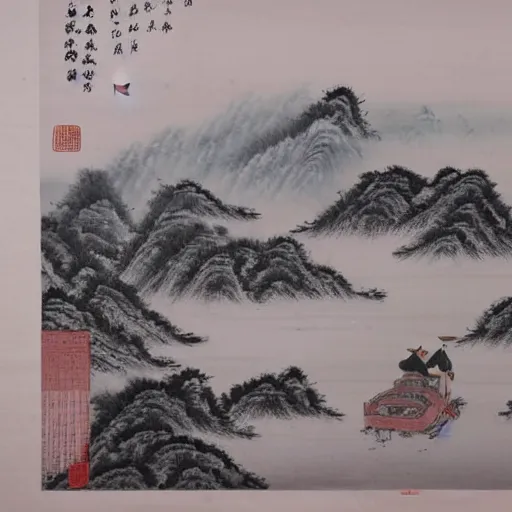 Prompt: chinese painting of a landscape with fisherman, mountains and rivers