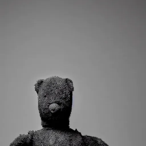 Image similar to Portrait studio photograph of Kanye West standing in front of a anthropomorphic teddy bear, close up, shallow depth of field, in the style of Felice Beato, Noir film still, 40mm
