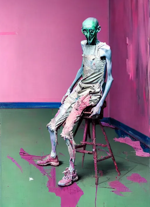 Image similar to an insane, skinny, artist wearing dirty, torn overalls, expressive painting the walls inside a grand messy studio, depth of field, hauntingly surreal, highly detailed painting by francis bacon, edward hopper, adrian ghenie, glenn brown, soft light 4 k in pink, green and blue colour palette, cinematic composition, octane render,