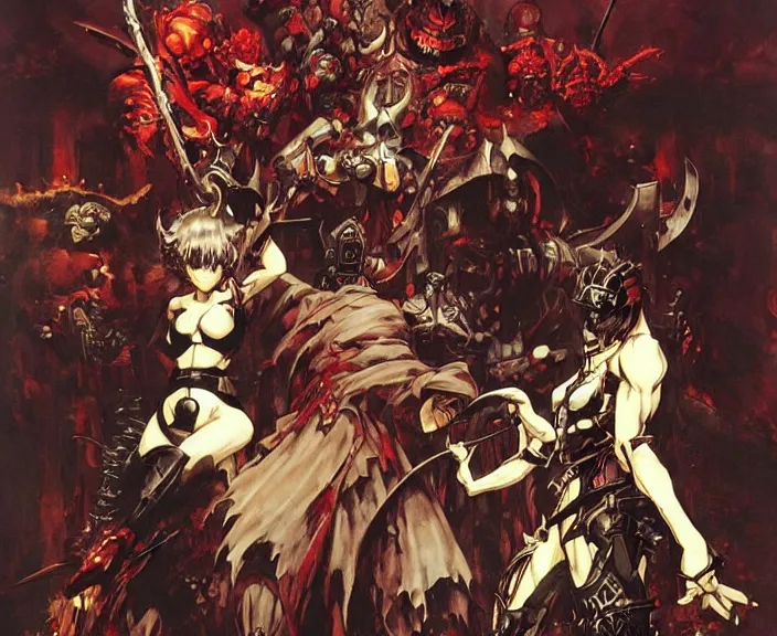 Prompt: psycho monsters flooding the dungeon halls with weapons and blood, by shigenori soejima, by frank frazetta, digital painting masterpiece, beautiful brush strokes, advanced lighting technology, symmetry!!!