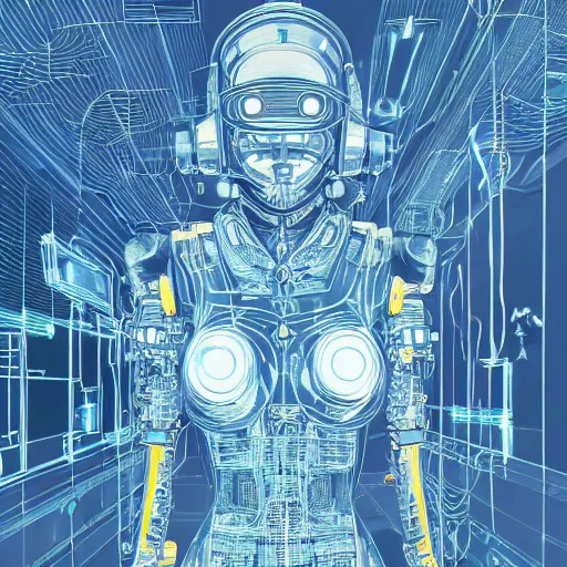 Image similar to a beautiful body of a bot fighter pilot woman mostly made of wires and electronic lightning electrical fire smoke, an ultrafine detailed illustration by james jean, final fantasy, intricate linework, bright colors, behance contest winner, vanitas, angular, altermodern, unreal engine 5 highly rendered, global illumination, radiant light, detailed and intricate environment