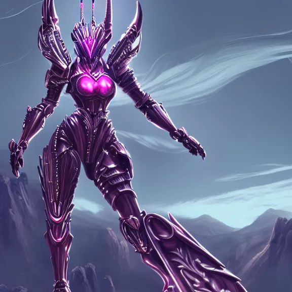 Image similar to extremely detailed fanart of a goddess that's a giant beautiful anthropomorphic robot female dragon, standing majestically over mountains, elegant pose, shiny silver metal armor, fuchsia skin below the armor, sharp metal claws, warframe fanart, high quality digital art, furry art, furaffinity, DeviantArt, 8k HD