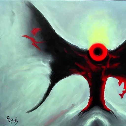 Prompt: abstract oil painting black demon red eyes red mouth, wings,, 8 k, high quality, highly realistic photo realistic