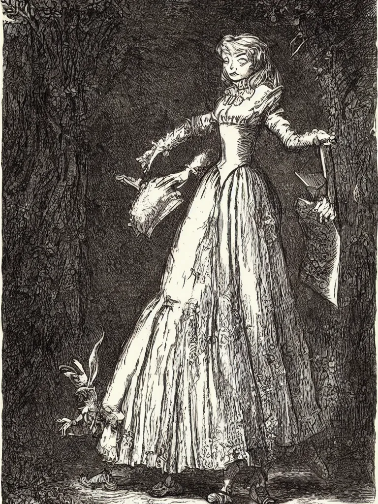 Image similar to Tenniel illustration portrait of Alice, walking in wonderland