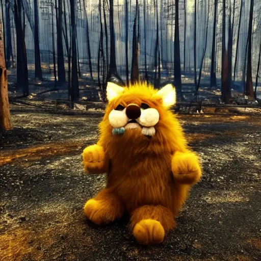 Prompt: a cute furry monster looking at a forest fire