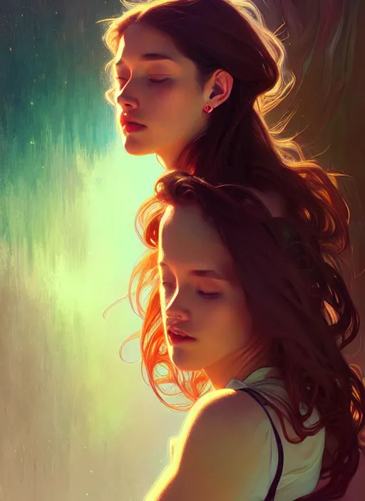 Image similar to handsome young women with shoulder length brown hair, half body shot, path traced, highly detailed, high quality, digital painting, alena aenami, lilia alvarado, shinji aramaki, karol bak, alphonse mucha, tom bagshaw