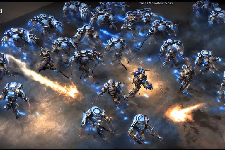 Prompt: 3D animation of StarCraft space marines by tiger Deakins