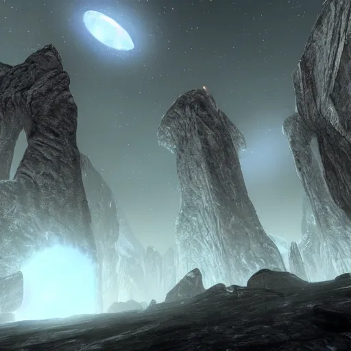 Prompt: 'Interstellar portals between linked worlds. SKYRIM-esque'