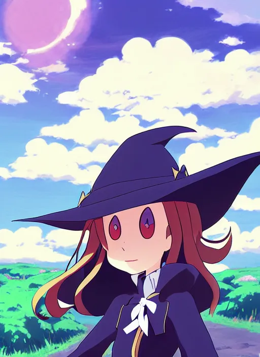 Prompt: Sucy from little witch academia, anime style, countryside, calm, fantasy character portrait, dark outlines, dynamic pose, above view, sunny day, artwork by Makoto Shinkai, very coherent asymmetrical artwork, sharp edges, perfect face, simple form, 100mm