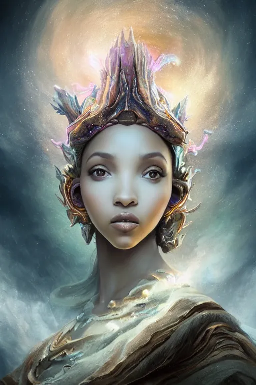 Prompt: mysterious detailed cgi matte painting of a tinashe the space empress of the andromeda, by ellen jewett, alessio albi | symmetrical features, kawaii, photorealism, stunning, ornate, royally decorated, organic, growth, whirling gasses, glowing particles, refractive adornments, colorful torn nebulas, radiant vibrant colors