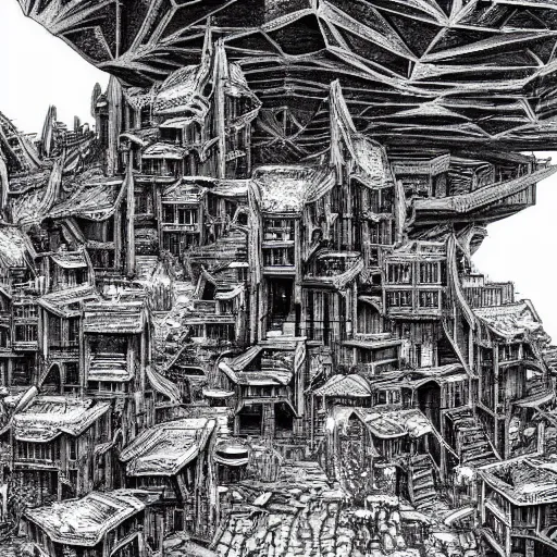 Image similar to Cyberpunk futuristic mountain village by Kentaro Miura, highly detailed, black and white