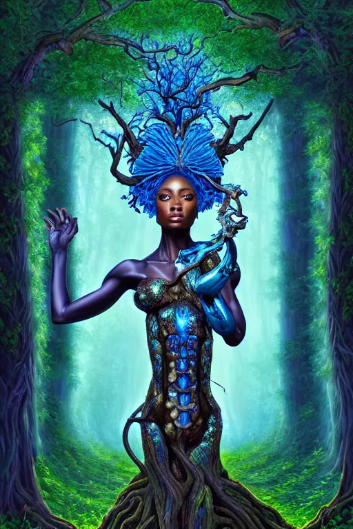 Image similar to hyperrealistic post - rococo super gorgeous! black woman with exoskeleton armor, merging with tree in a forest, highly detailed digital art masterpiece smooth cam de leon hannah yata dramatic pearlescent blue teal light ground angle hd 8 k sharp focus