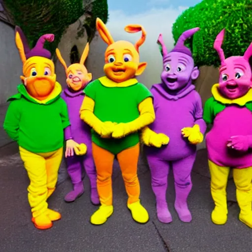 Image similar to Dwarfs dressed as Teletubbies acidwave