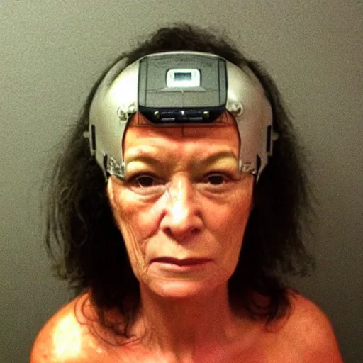 Image similar to grainy photo of an ugly woman, wearing bionic implants, cyborg!! criminal!!, (((((high tech, circuit boards, cyberpunk))))), mugshot!!!