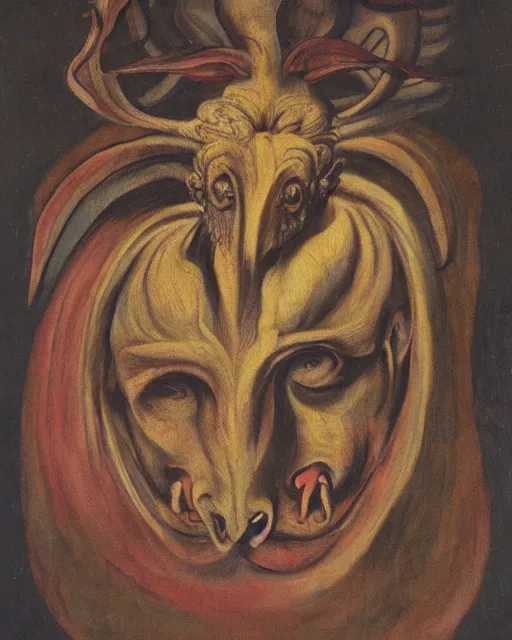 Prompt: a creature with four heads. one human head, second eagle head, third lion head, fourth ox head. drawn by francis bacon