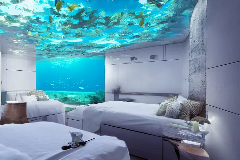 Prompt: an underwater hotel room from the future, the bed is a fish tank, caustic lighting, summer day, palm trees, 55mm 2021