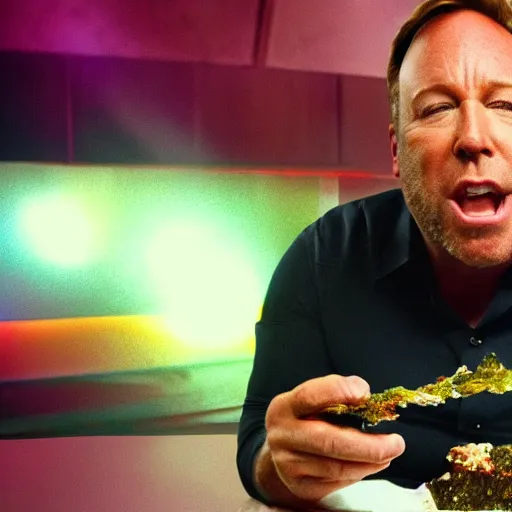 Image similar to alex jones eating a huge twinkle, high definition, color film,