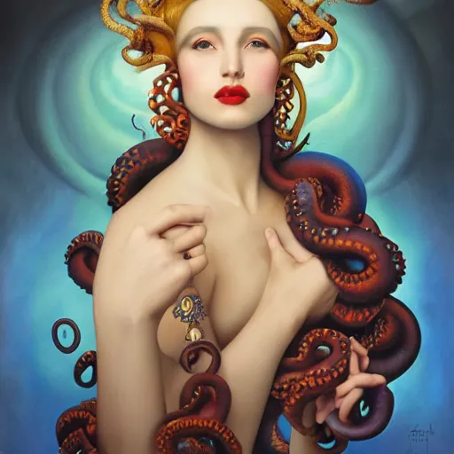 Image similar to dynamic composition, a painting of a woman with hair of octopus tentacles and sea anemones wearing ornate earrings, a surrealist painting by tom bagshaw and jacek yerga and tamara de lempicka and jesse king, featured on cgsociety, pop surrealism, surrealist, dramatic lighting, wiccan, pre - raphaelite, ornate gilded details