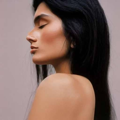 Image similar to Portrait photo of a beautiful supermodel posed in profile, beautiful bone structure, long dark hair, olive skin, eyes closed, natural makeup, studio lighting, highly detailed, cinestill 800t