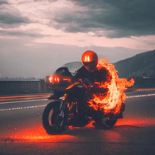 Prompt: Photo of someone driving along the rhine on a motorcycle, everything is in flames, Dramatic lighting