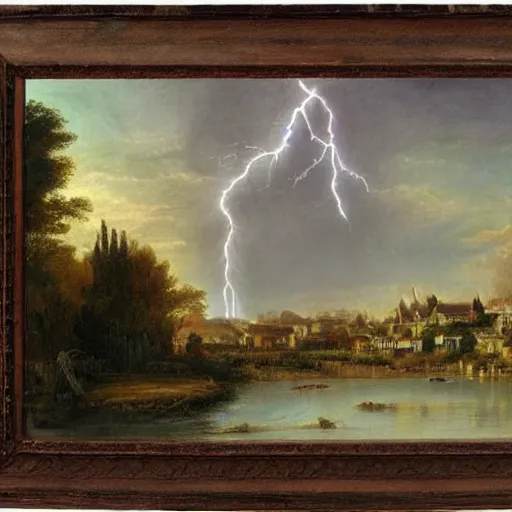 Prompt: portrait of a town by a lake, countryside, victorian, fantasy, cinematic lightning, realistic, highly detailed painting by giovanni antonio canal